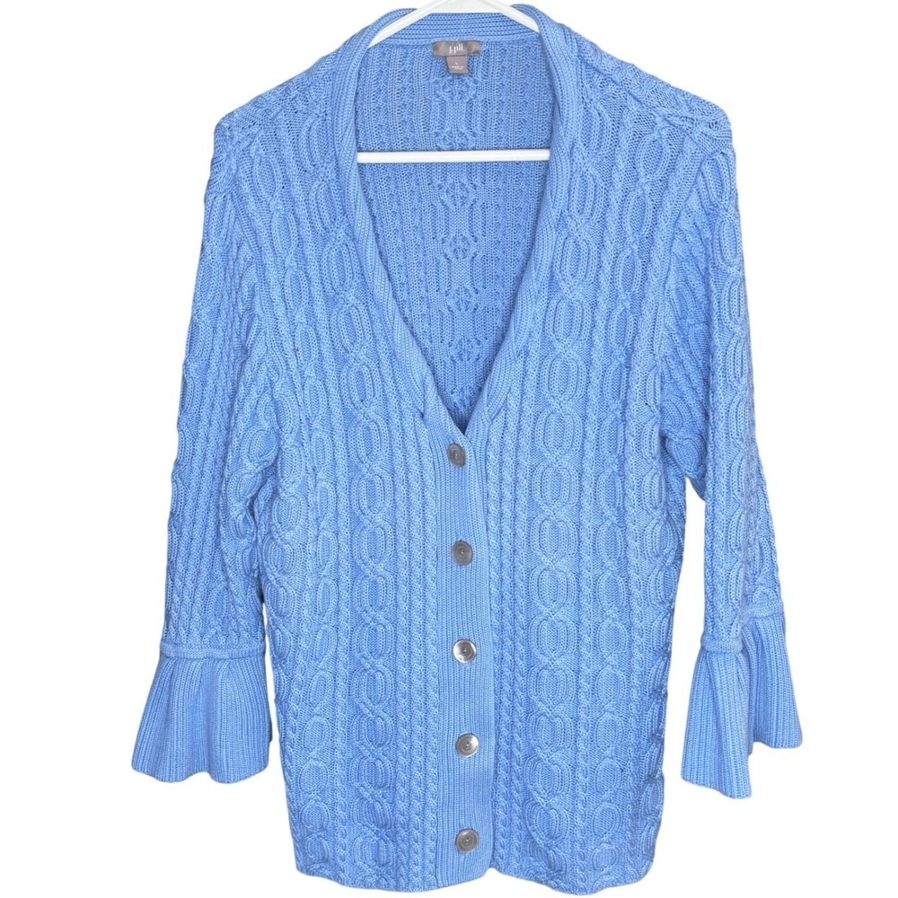 J. Jill Blue Cable Knit Cotton Button‎ Front Bell Sleeve Cardigan L